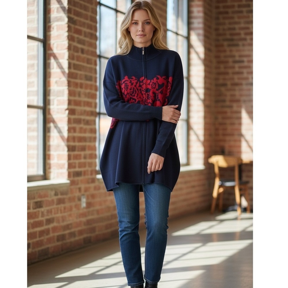St. John NWT SZXL Zip‎ Front Cardigan Navy Blue Floral Intarsia Mock Neck Wool